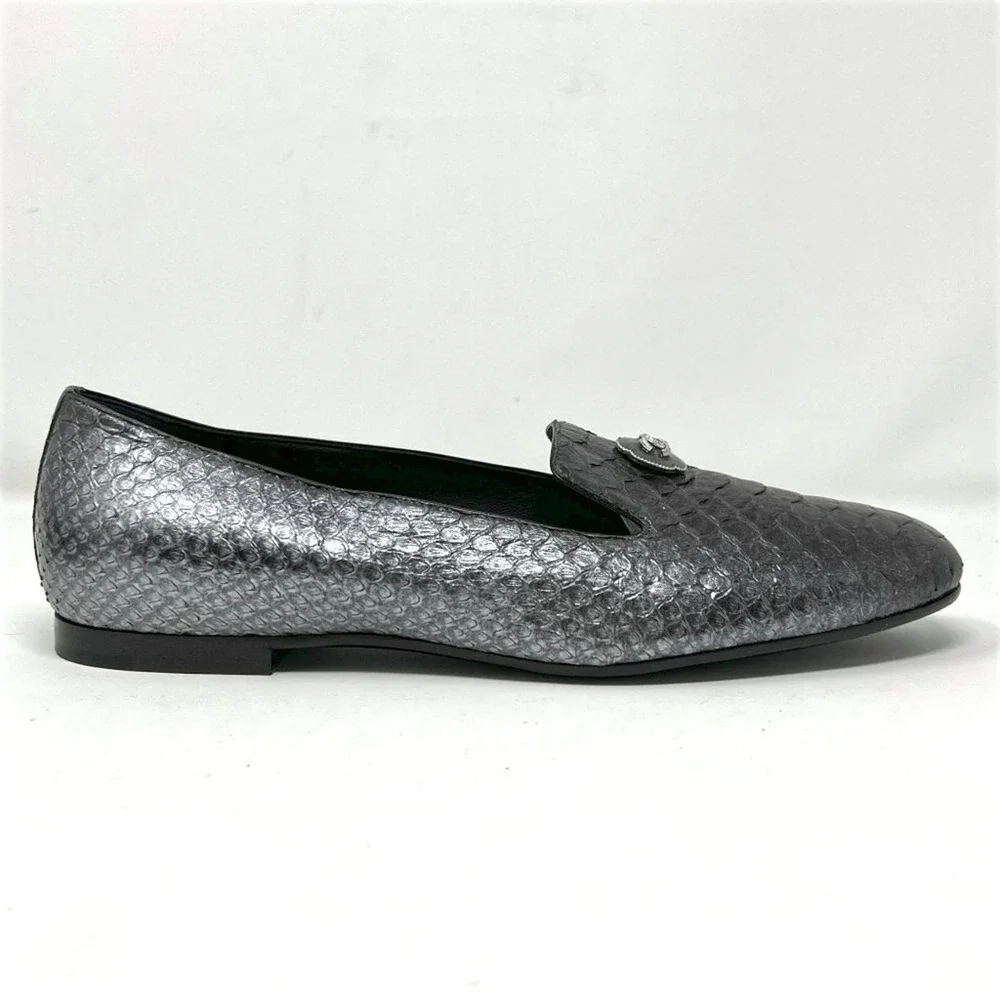 Chanel‎ Grey Snakeskin Loafers CC Logo Flats Size 39.5